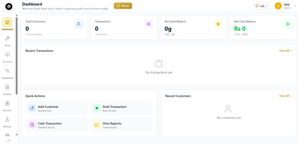 Soneware dashboard showing summary statistics, sidebar navigation, recent transactions, and quick actions.